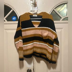 Funky People Striped V-Neck Knit Sweater in Mustard, Black & Pink